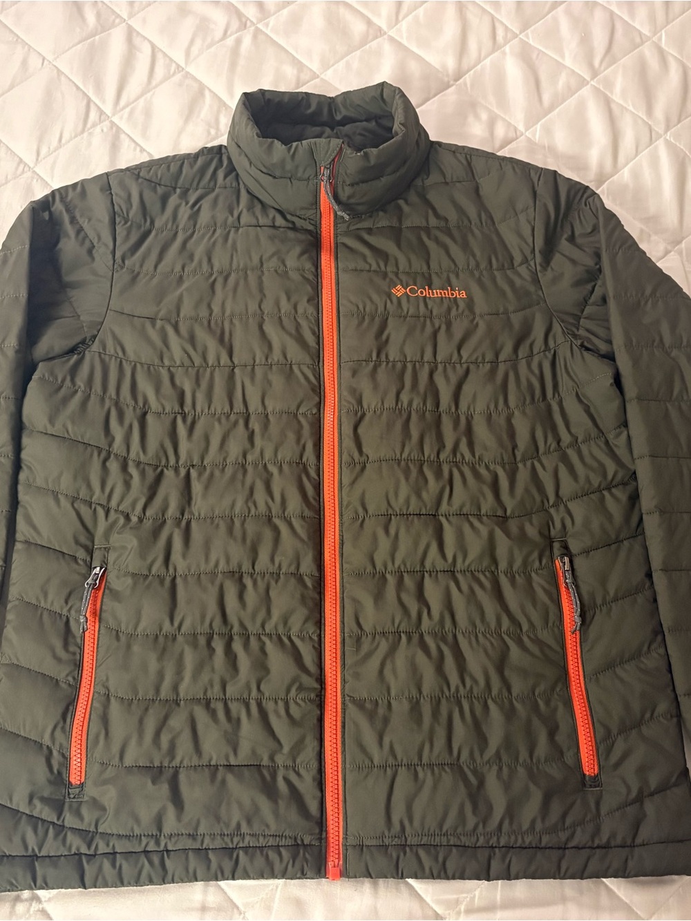 Columbia Men's Olive Green Puffer Jacket with Orange Zippers